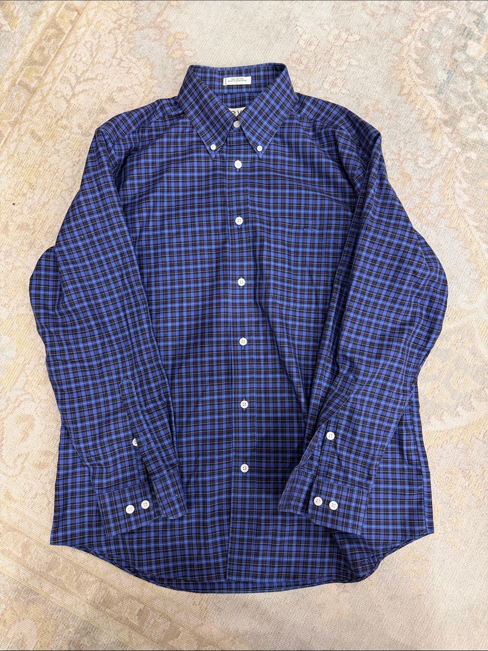 Orvis Men's Blue and Black Plaid Button-Down Shirt